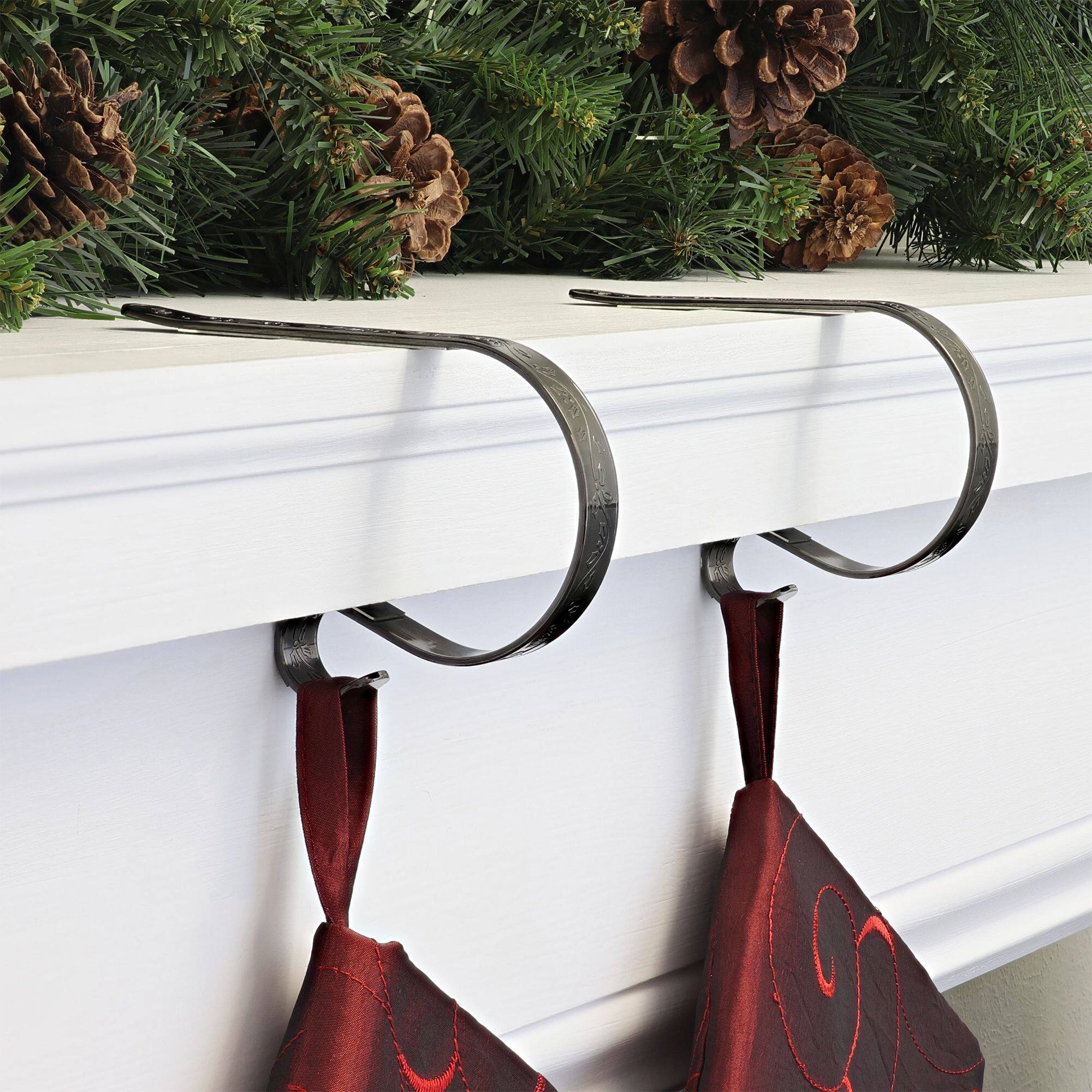 Original MantleClip® Holly Embossed Antique Brass Stocking Holders